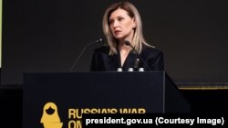 Перша леді Олена Зеленська виступає під час міжнародної конференції «Війна Росії проти дітей» (Russia’s War on Children) у Ризі. Латвія, 1 лютого 2024 року