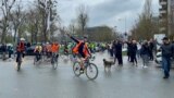 Serbia - Novi Sad - Students on bicycles ride to Strasbourg to show the European public that the government in Serbia did not fulfill the students' demands regarding the fall of the canopy