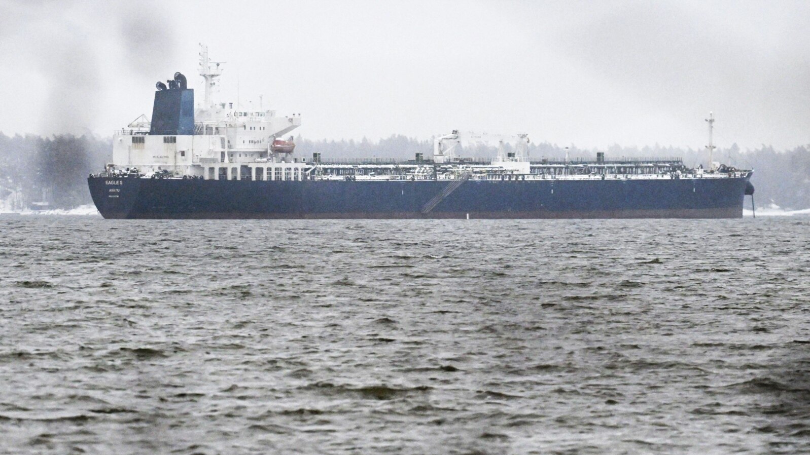 The Eagle S oil taker, which is suspected of belonging to Russia's "shadow fleet," is seen anchored in the Gulf of Finland in January. 