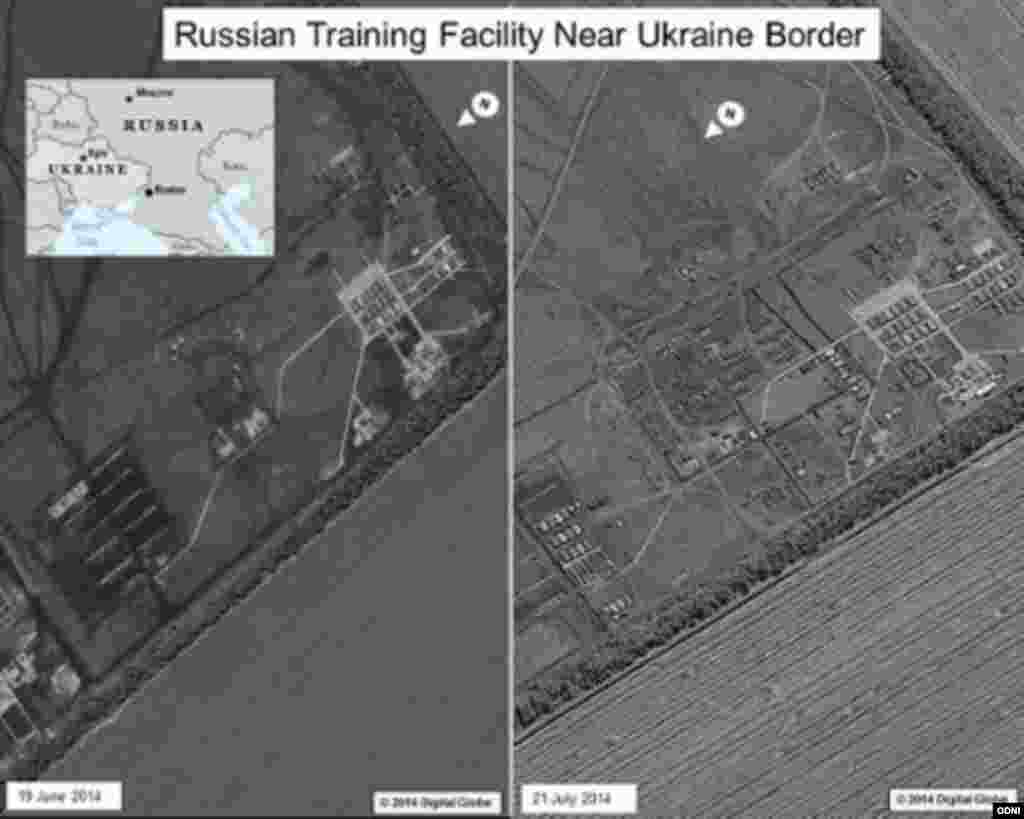 Дві фотографії супутникового спостереження – російська військова база в Ростовській області. З червня 2014 на базі відмічена підвищена активність. Згідно з даними «Washington Post», американська розвідка вперше визначила цю базу як основне джерело російської підтримки сепаратистів у Східній Україні