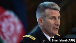 U.S. Army General John Nicholson, commander of U.S. forces in Afghanistan, takes part in a press conference in Kabul on August 24.