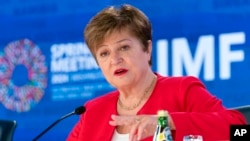 Директорка Міжнародного валютного фонду Крісталіна Георгієва під час пресконференції на весняних зустрічах Світового банку/МВФ у Вашингтоні, 18 квітня 2024 року