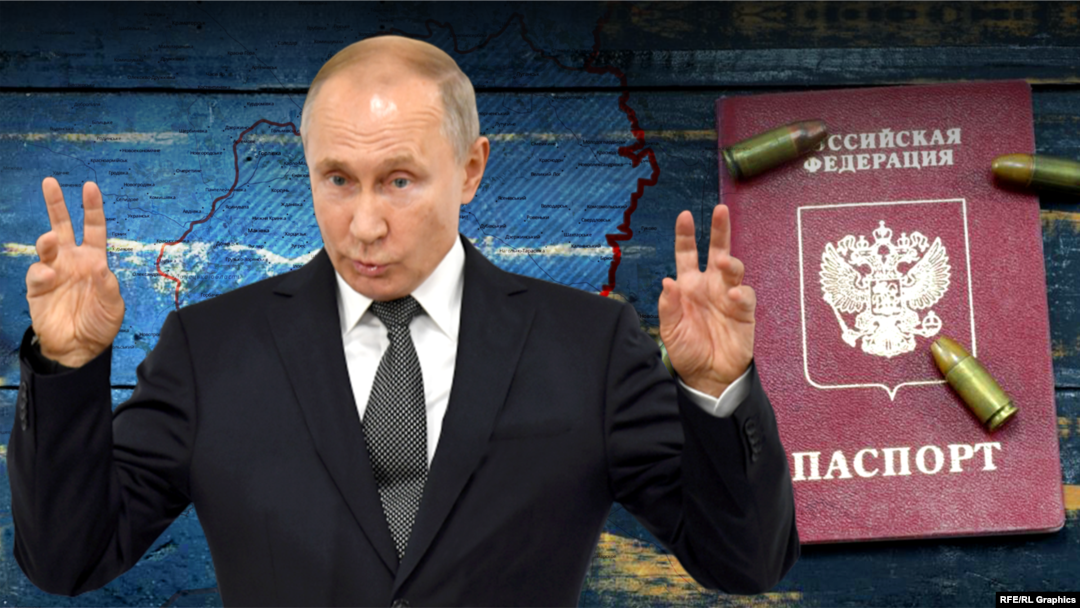 Президент Росії Володимир Путін і російські паспорти (фотоколаж) 