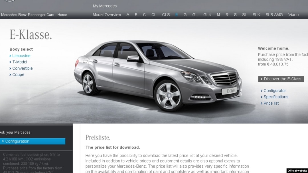 Mercedes-Benz-in saytından görtüntü