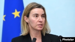 High Representative of the European Union for Foreign Affairs and Security Policy Federica Mogherini at a press conference in Yerevan. 